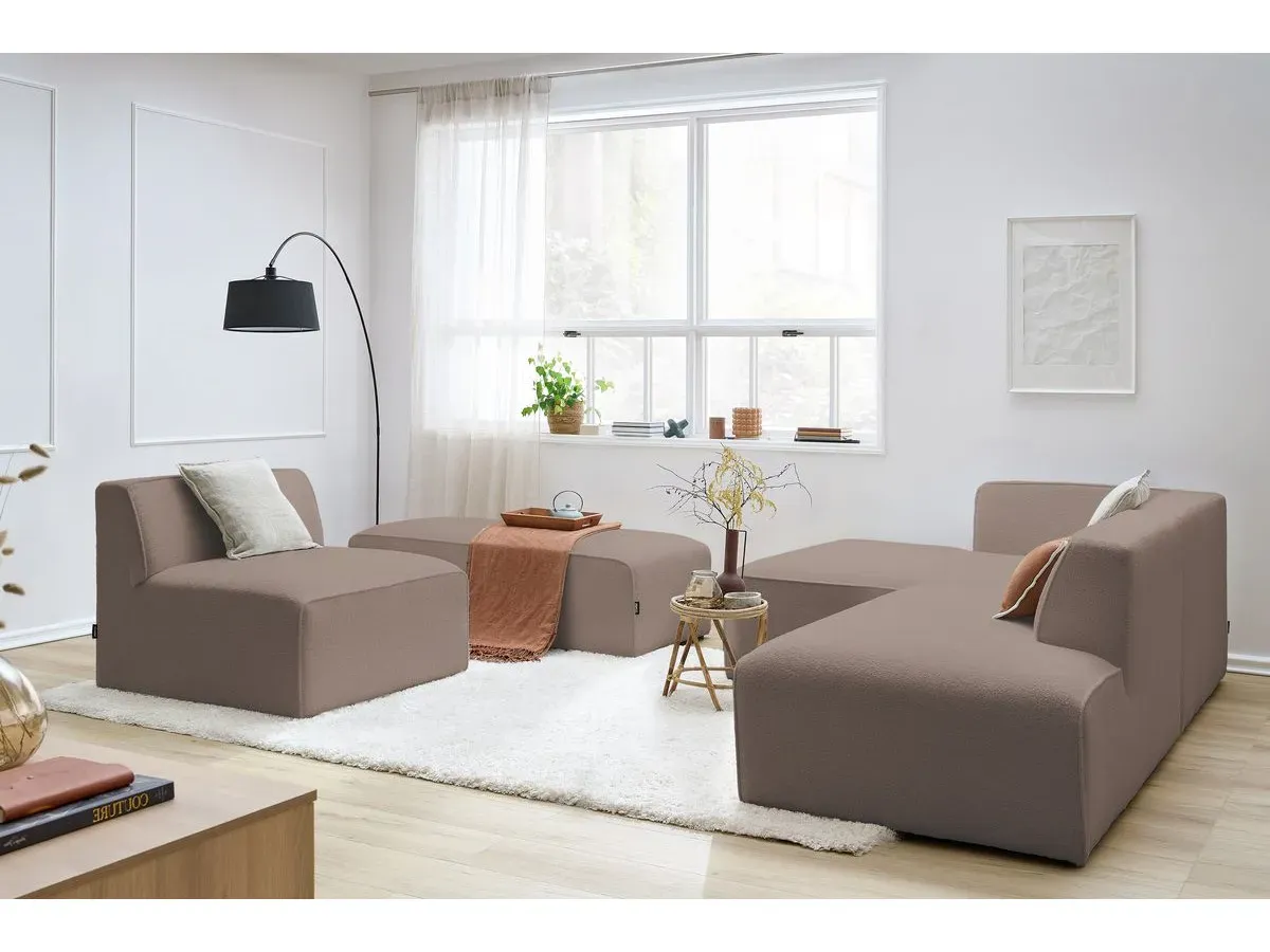 Canapé d'angle fixe modulable MEGEVE tissu bouclette avec 1 chauffeuse et 1 pouf marron  angle gauche BOBOCHIC 6 places