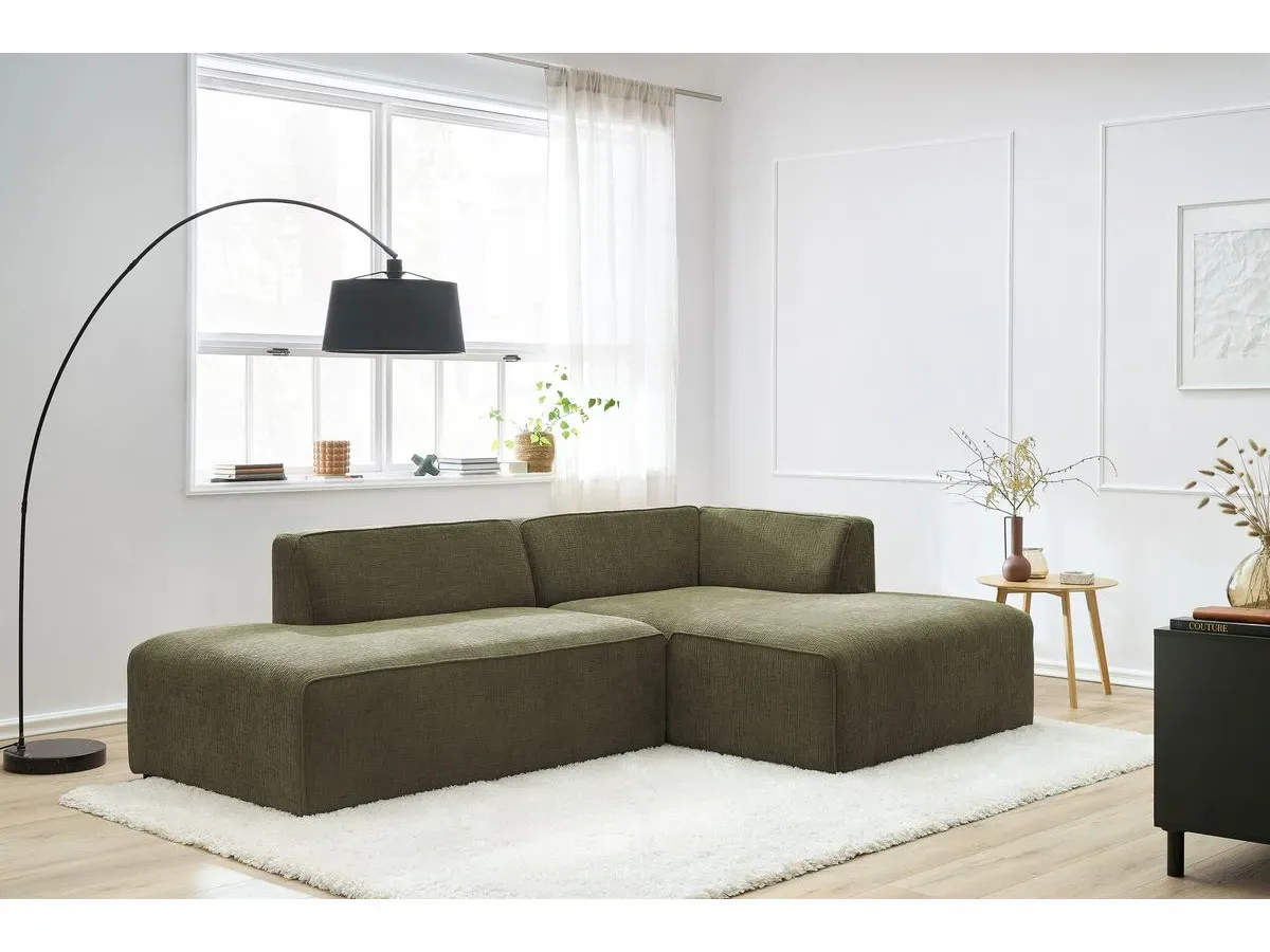 Canapé d'angle fixe MEGEVE tissu texturé vert  angle droit BOBOCHIC 4 places