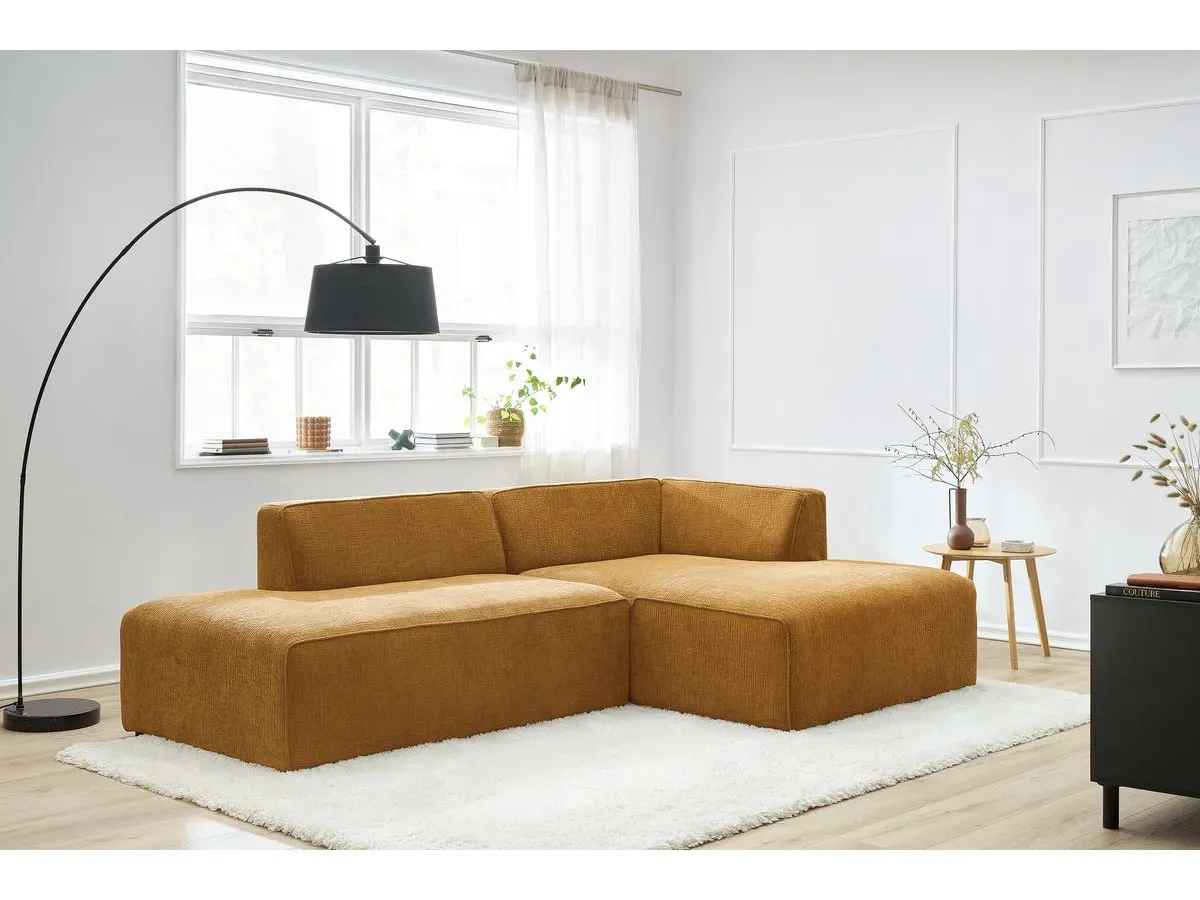 Canapé d'angle fixe MEGEVE tissu texturé jaune  angle droit BOBOCHIC 4 places