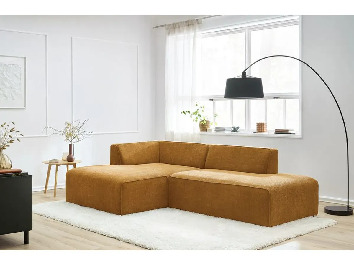 Canapé d'angle fixe MEGEVE tissu texturé jaune  angle gauche BOBOCHIC 4 places