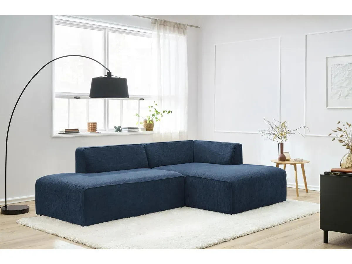 Canapé d'angle fixe MEGEVE tissu texturé bleu foncé  angle droit BOBOCHIC 4 places