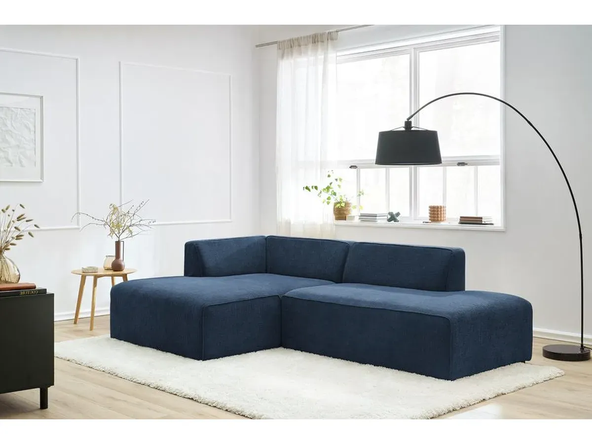 Canapé d'angle fixe MEGEVE tissu texturé bleu foncé  angle gauche BOBOCHIC 4 places