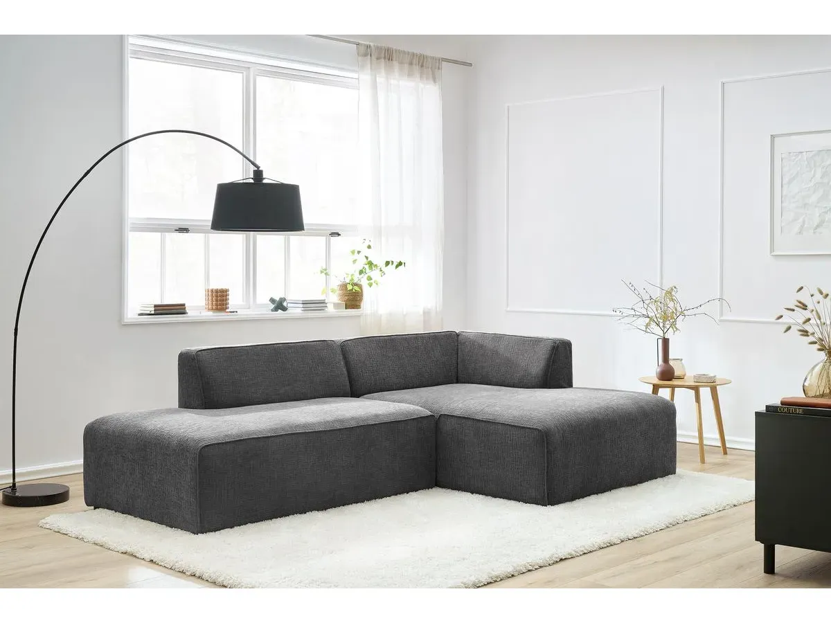 Canapé d'angle fixe MEGEVE tissu texturé gris foncé  angle droit BOBOCHIC 4 places