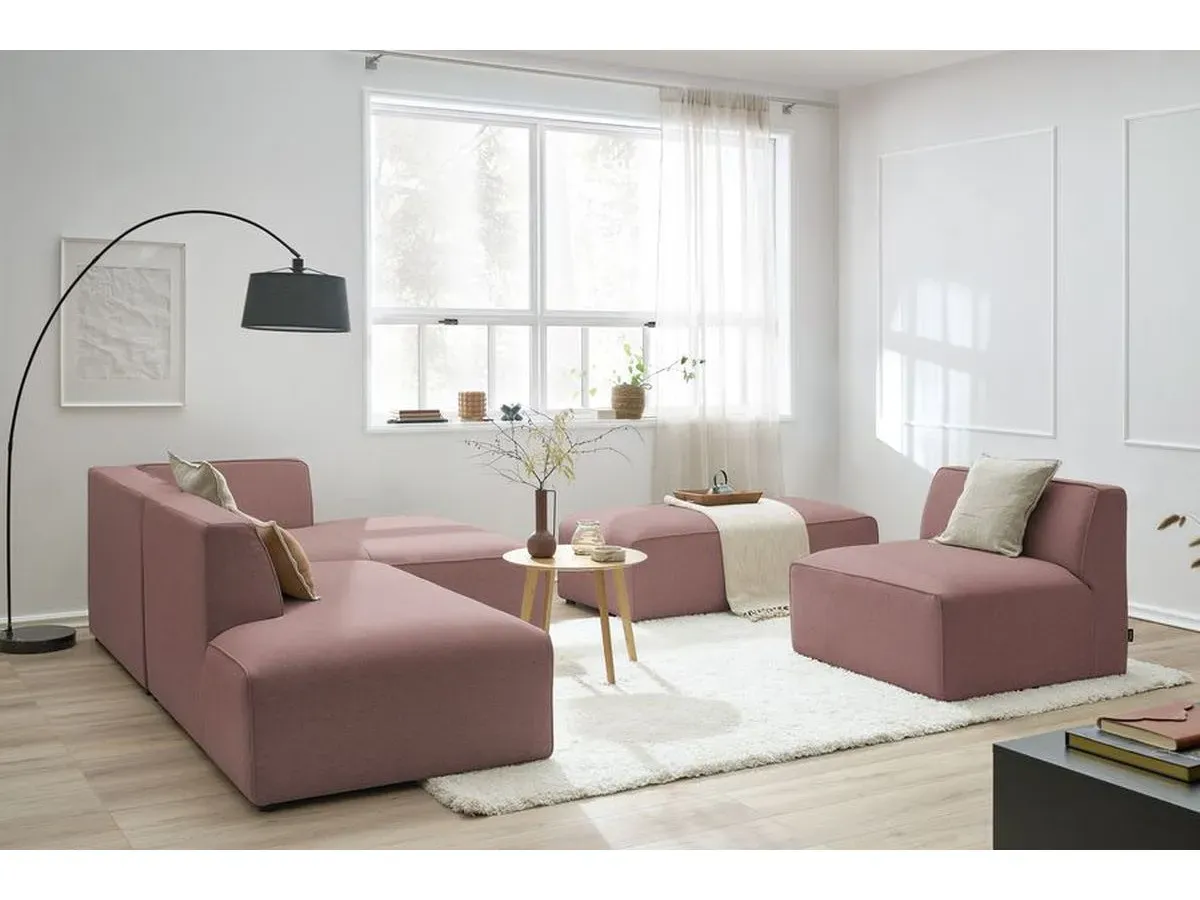 Canapé d'angle fixe modulable MEGEVE tissu chiné avec 1 chauffeuse et 1 pouf rose  angle droit BOBOCHIC 6 places