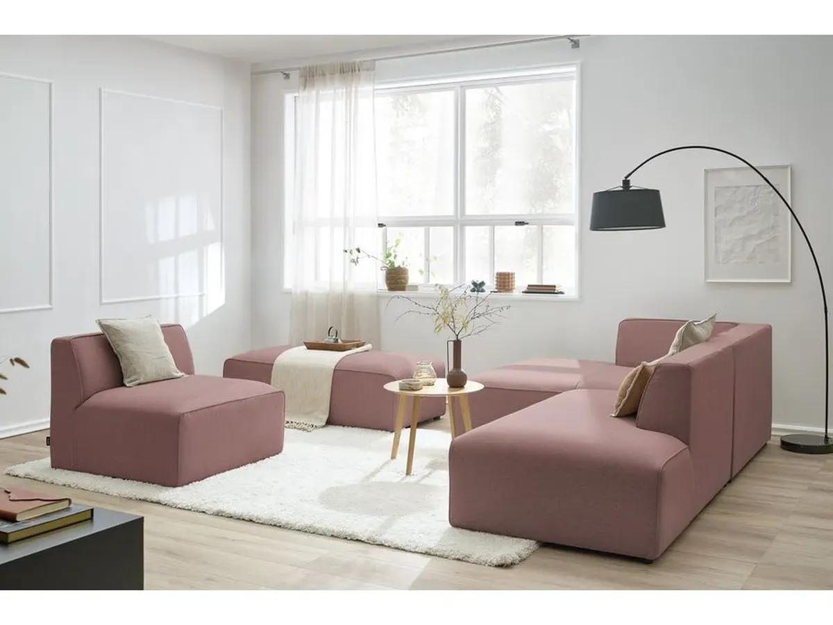 Canapé d'angle fixe modulable MEGEVE tissu chiné avec 1 chauffeuse et 1 pouf rose  angle gauche BOBOCHIC 6 places
