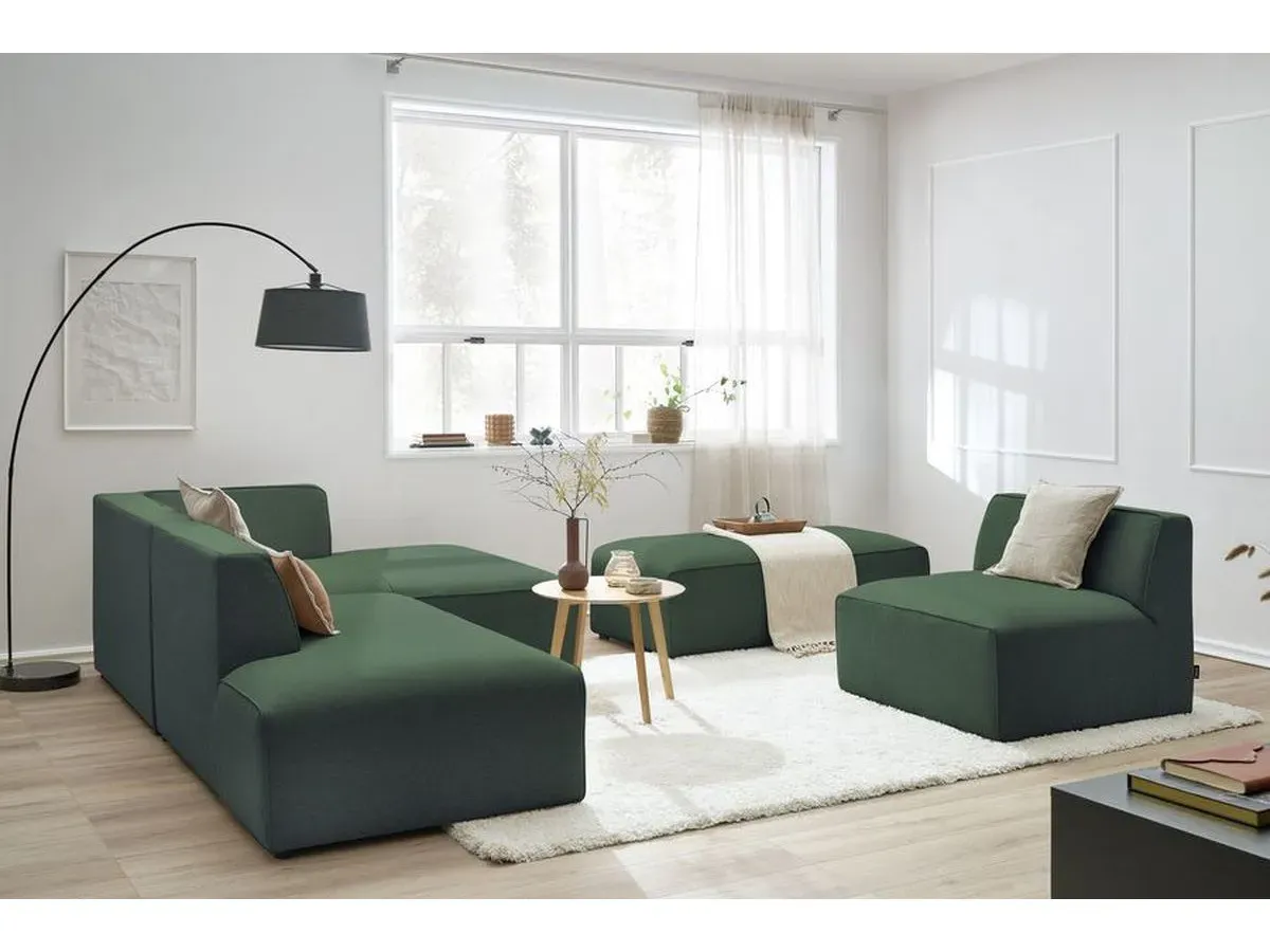 Canapé d'angle fixe modulable MEGEVE tissu chiné avec 1 chauffeuse et 1 pouf vert  angle droit BOBOCHIC 6 places