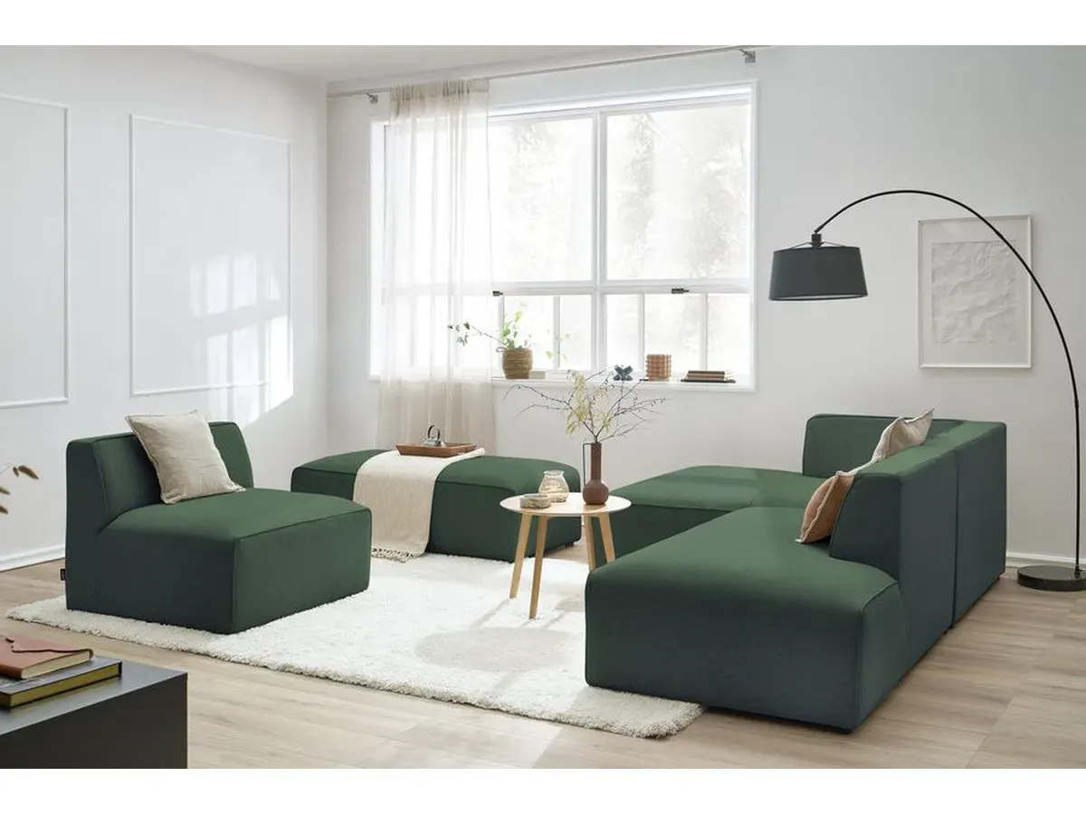 Canapé d'angle fixe modulable MEGEVE tissu chiné avec 1 chauffeuse et 1 pouf vert  angle gauche BOBOCHIC 6 places