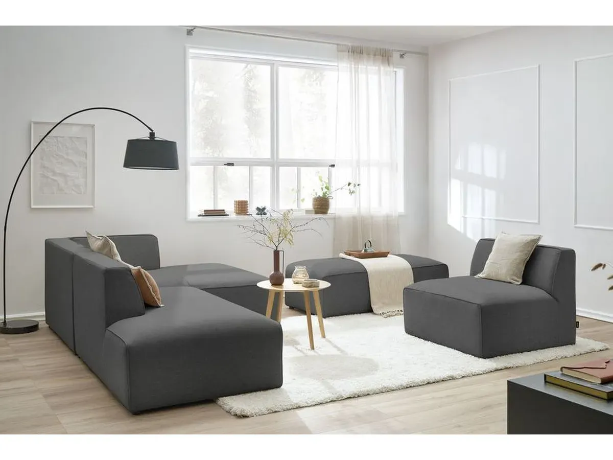 Canapé d'angle fixe modulable MEGEVE tissu chiné avec 1 chauffeuse et 1 pouf gris foncé  angle droit BOBOCHIC 6 places