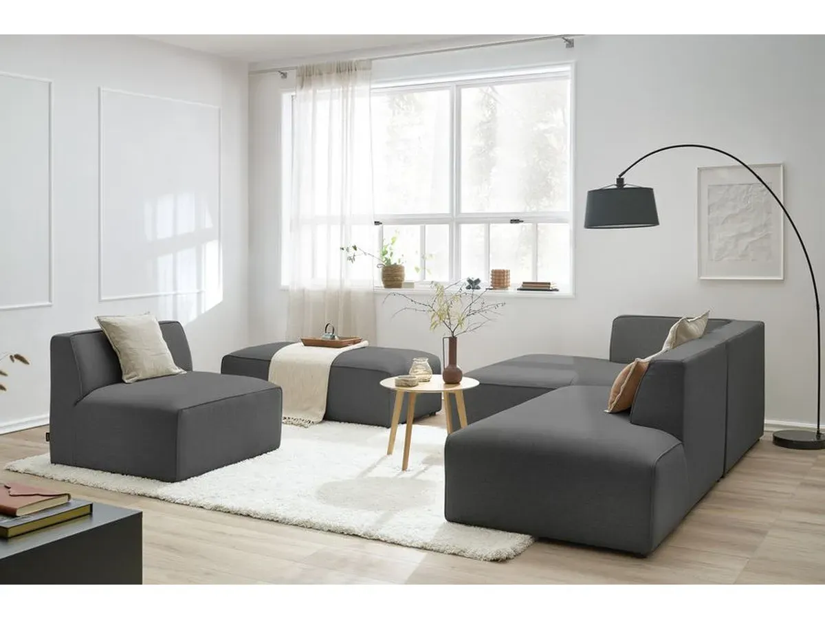 Canapé d'angle fixe modulable MEGEVE tissu chiné avec 1 chauffeuse et 1 pouf gris foncé  angle gauche BOBOCHIC 6 places