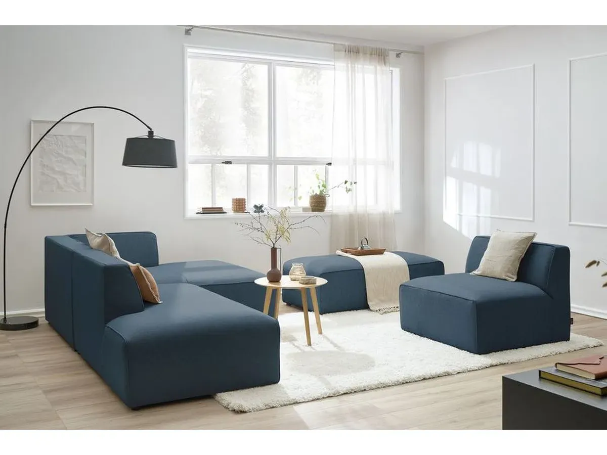 Canapé d'angle fixe modulable MEGEVE tissu chiné avec 1 chauffeuse et 1 pouf bleu foncé  angle droit BOBOCHIC 6 places
