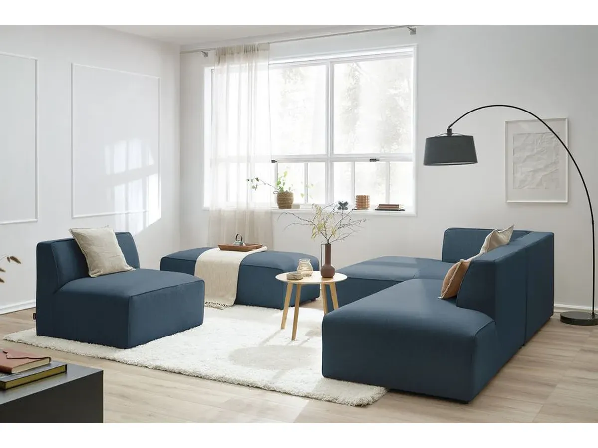 Canapé d'angle fixe modulable MEGEVE tissu chiné avec 1 chauffeuse et 1 pouf bleu foncé  angle gauche BOBOCHIC 6 places