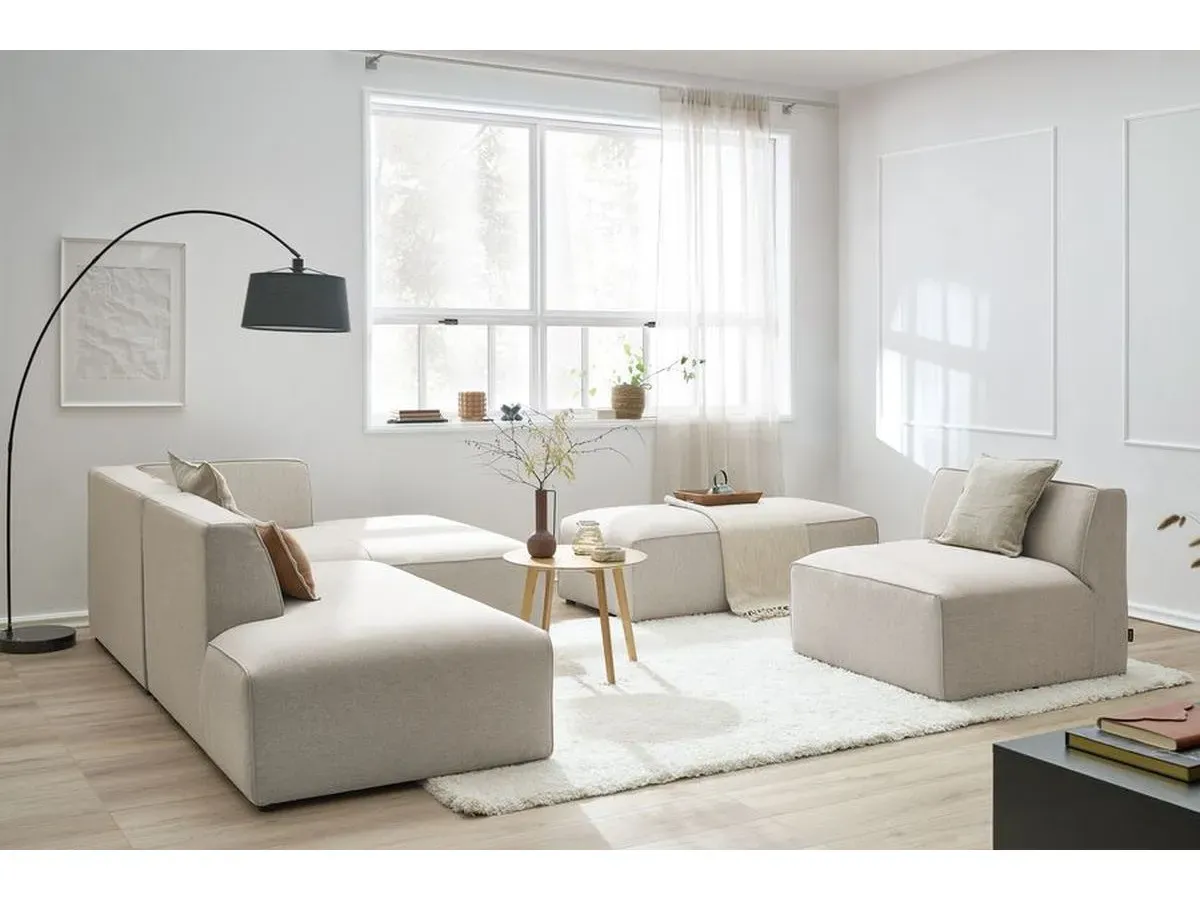 Canapé d'angle fixe modulable MEGEVE tissu chiné avec 1 chauffeuse et 1 pouf beige  angle droit BOBOCHIC 6 places