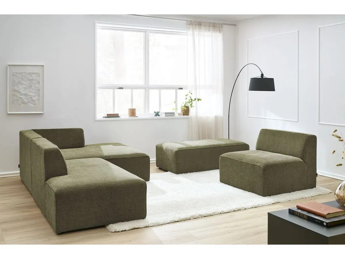 Canapé d'angle fixe modulable MEGEVE tissu texturé avec 1 chauffeuse et 1 pouf vert  angle droit BOBOCHIC 6 places