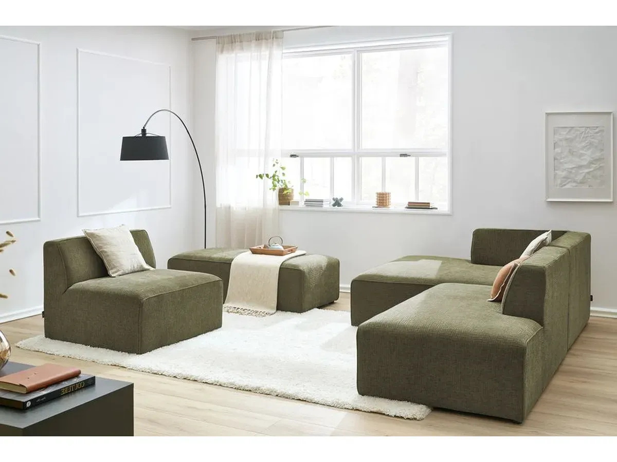 Canapé d'angle fixe modulable MEGEVE tissu texturé avec 1 chauffeuse et 1 pouf vert  angle gauche BOBOCHIC 6 places