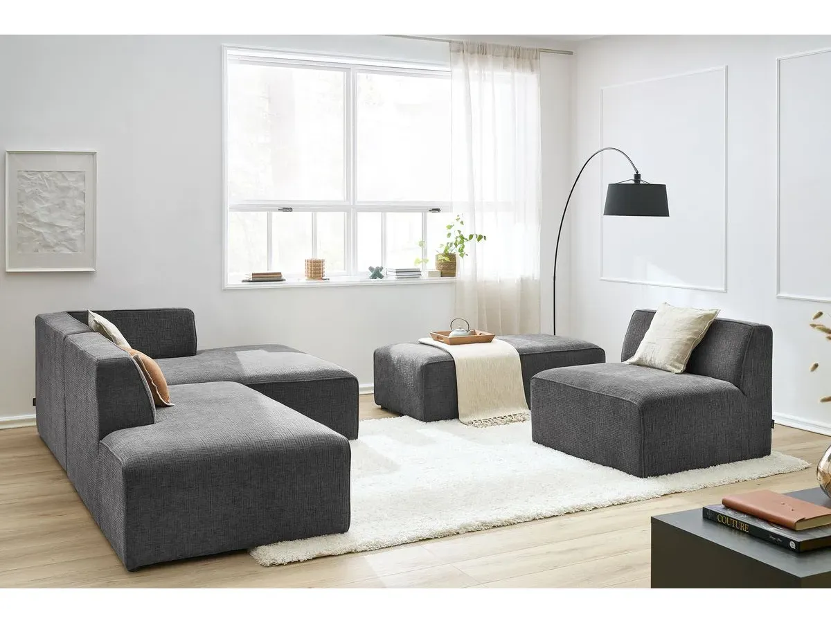 Canapé d'angle fixe modulable MEGEVE tissu texturé avec 1 chauffeuse et 1 pouf gris foncé  angle droit BOBOCHIC 6 places