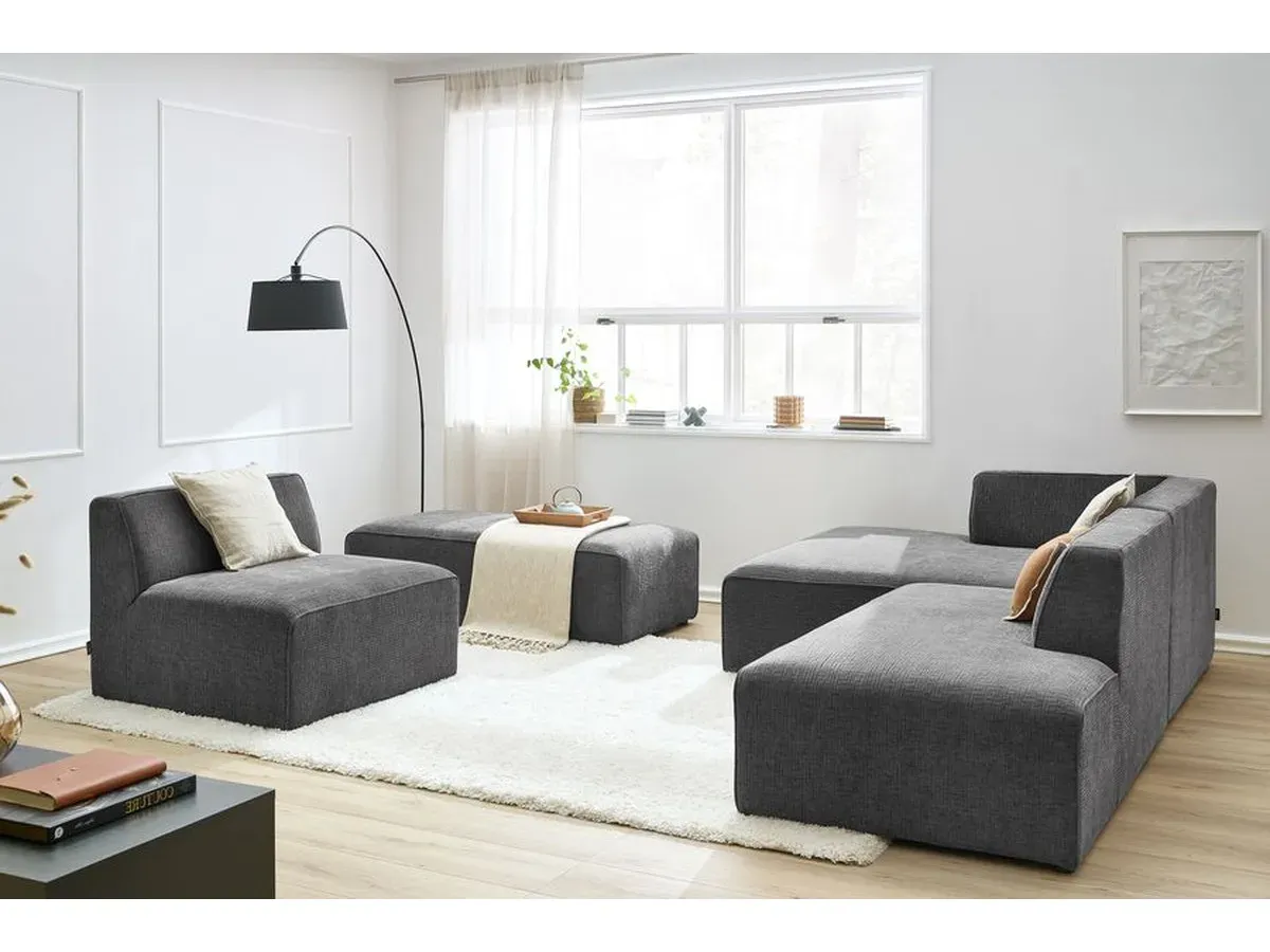 Canapé d'angle fixe modulable MEGEVE tissu texturé avec 1 chauffeuse et 1 pouf gris foncé  angle gauche BOBOCHIC 6 places