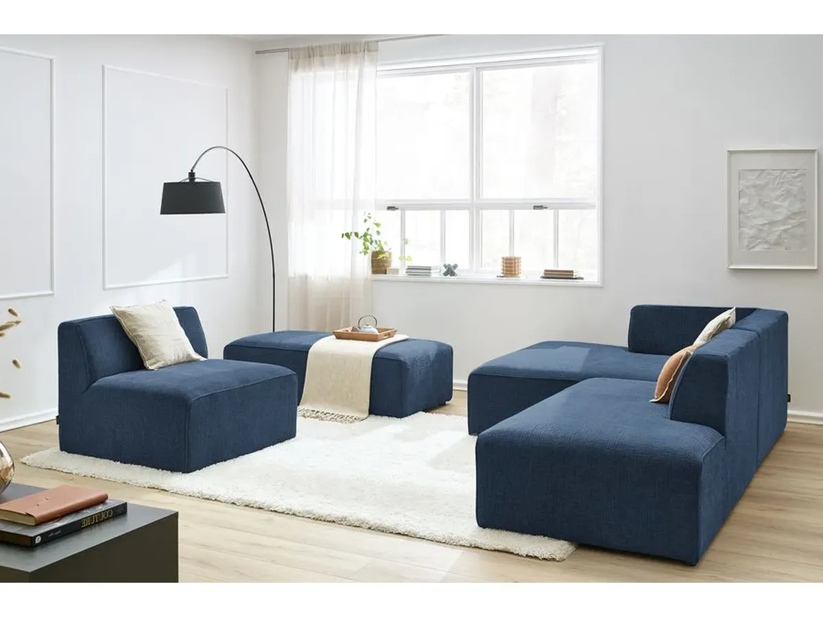 Canapé d'angle fixe modulable MEGEVE tissu texturé avec 1 chauffeuse et 1 pouf bleu foncé  angle gauche BOBOCHIC 6 places
