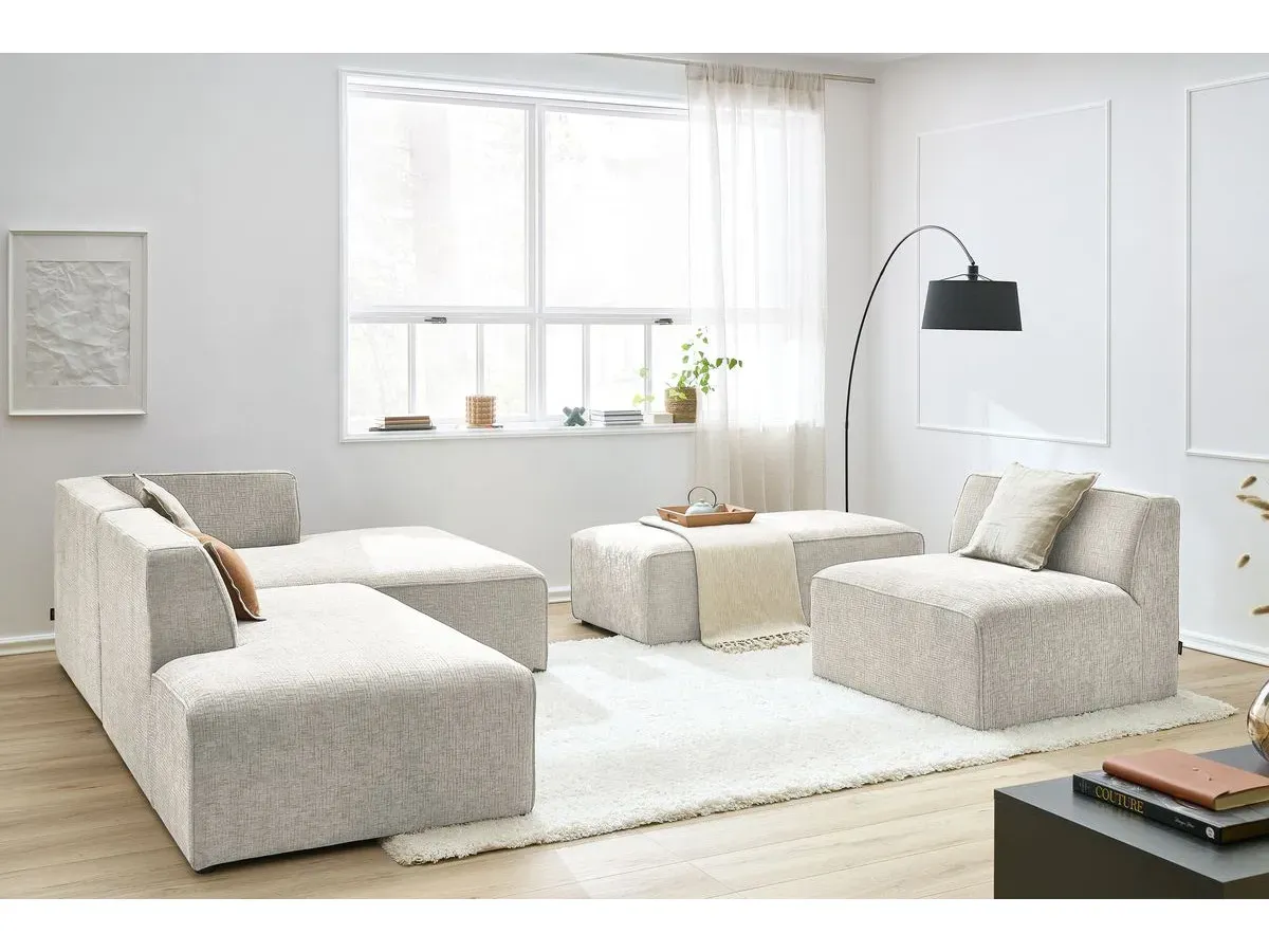 Canapé d'angle fixe modulable MEGEVE tissu texturé avec 1 chauffeuse et 1 pouf beige  angle droit BOBOCHIC 6 places