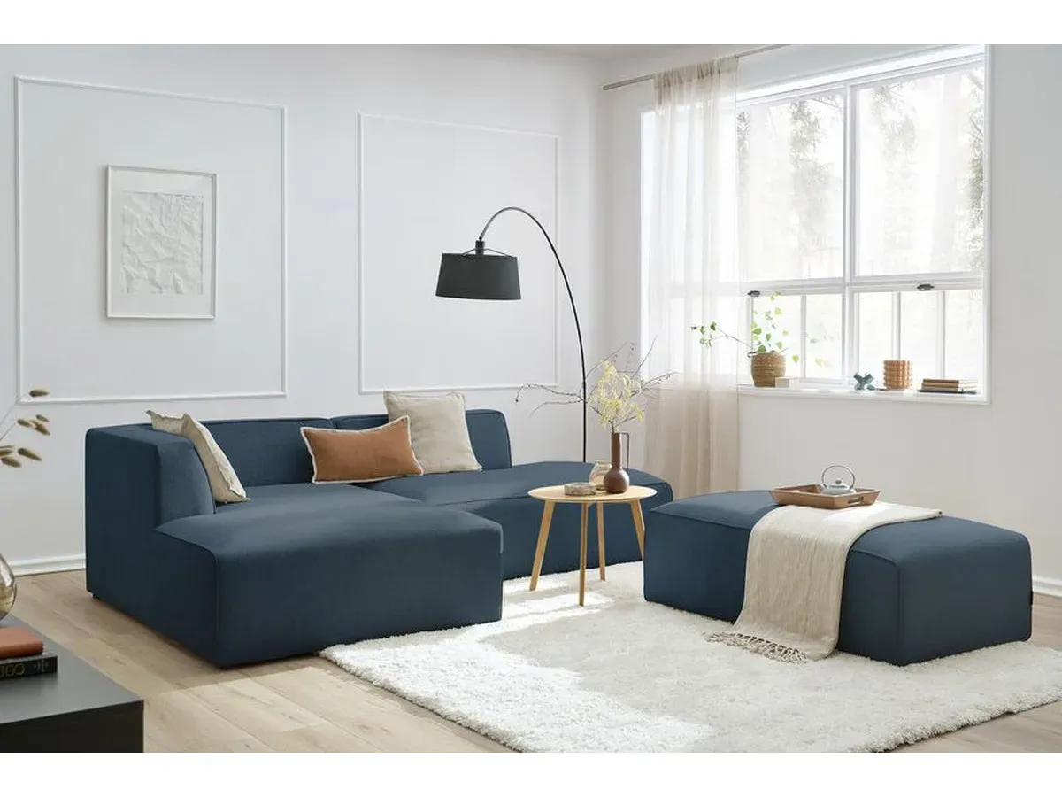 Canapé d'angle fixe modulable MEGEVE tissu chiné avec pouf bleu foncé  angle gauche BOBOCHIC 5 places