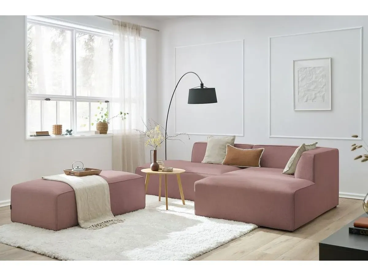Canapé d'angle fixe modulable MEGEVE tissu chiné avec pouf rose  angle droit BOBOCHIC 5 places