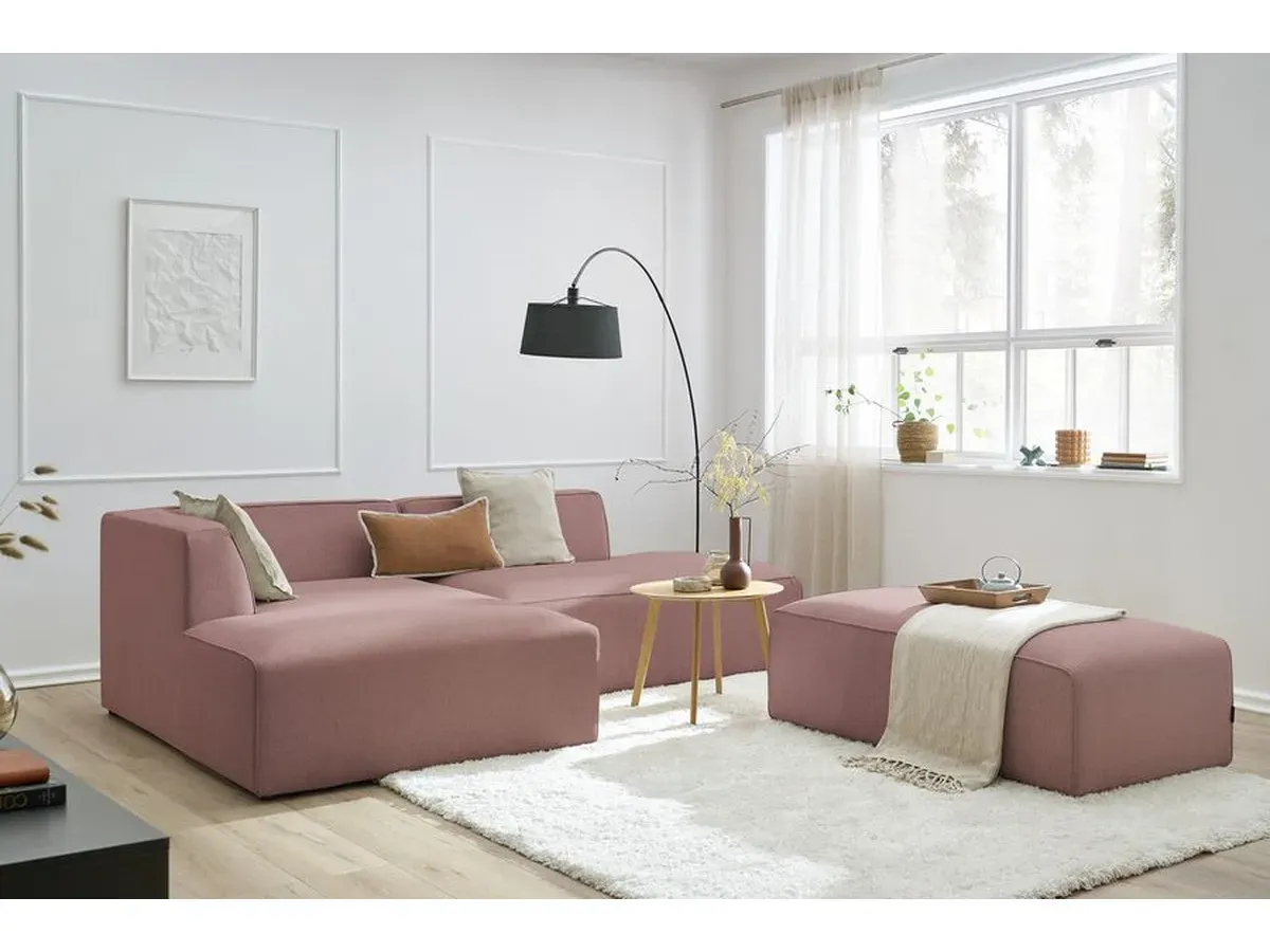 Canapé d'angle fixe modulable MEGEVE tissu chiné avec pouf rose  angle gauche BOBOCHIC 5 places