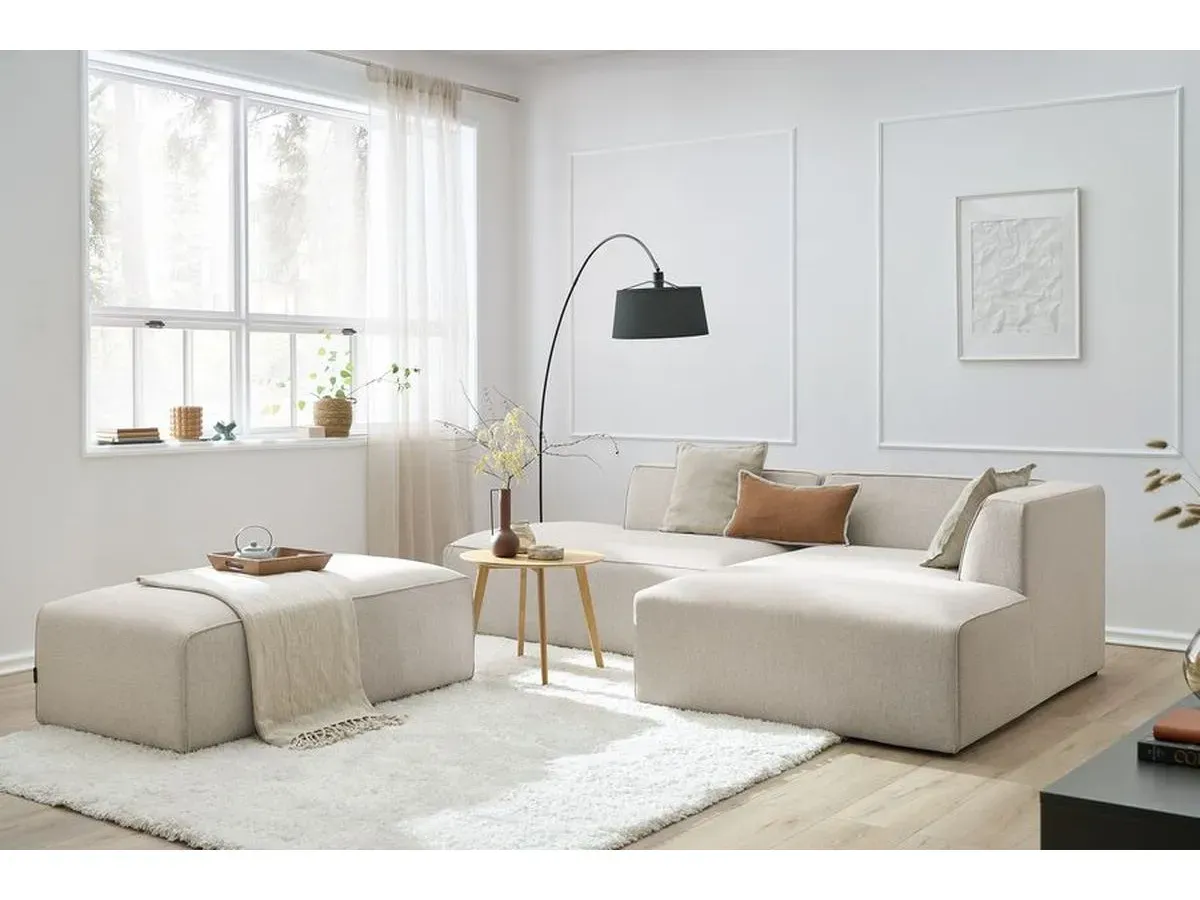 Canapé d'angle fixe modulable MEGEVE tissu chiné avec pouf beige  angle droit BOBOCHIC 5 places