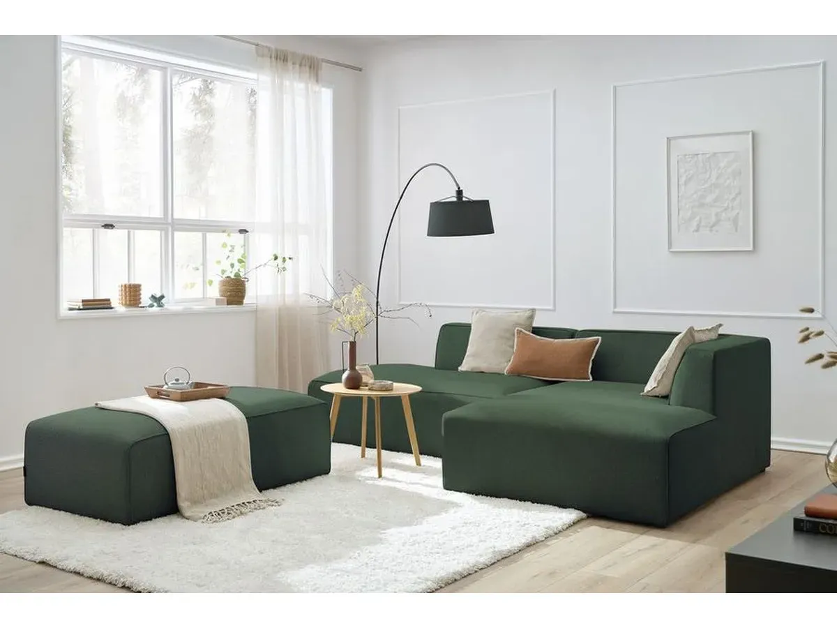 Canapé d'angle fixe modulable MEGEVE tissu chiné avec pouf vert  angle droit BOBOCHIC 5 places