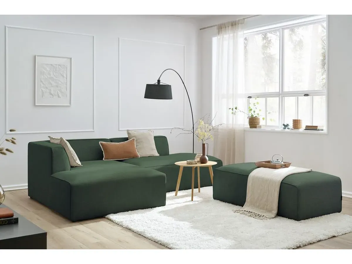 Canapé d'angle fixe modulable MEGEVE tissu chiné avec pouf vert  angle gauche BOBOCHIC 5 places
