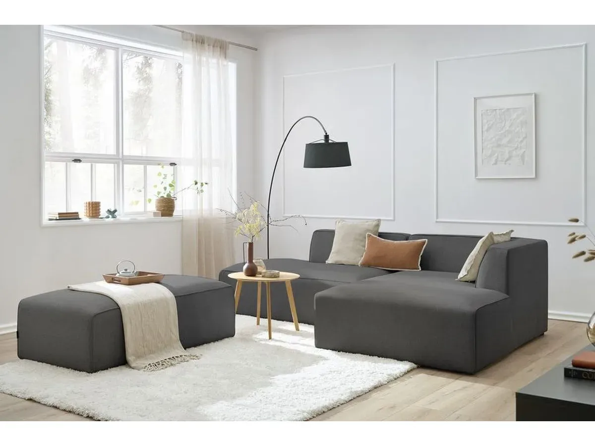Canapé d'angle fixe modulable MEGEVE tissu chiné avec pouf gris foncé  angle droit BOBOCHIC 5 places