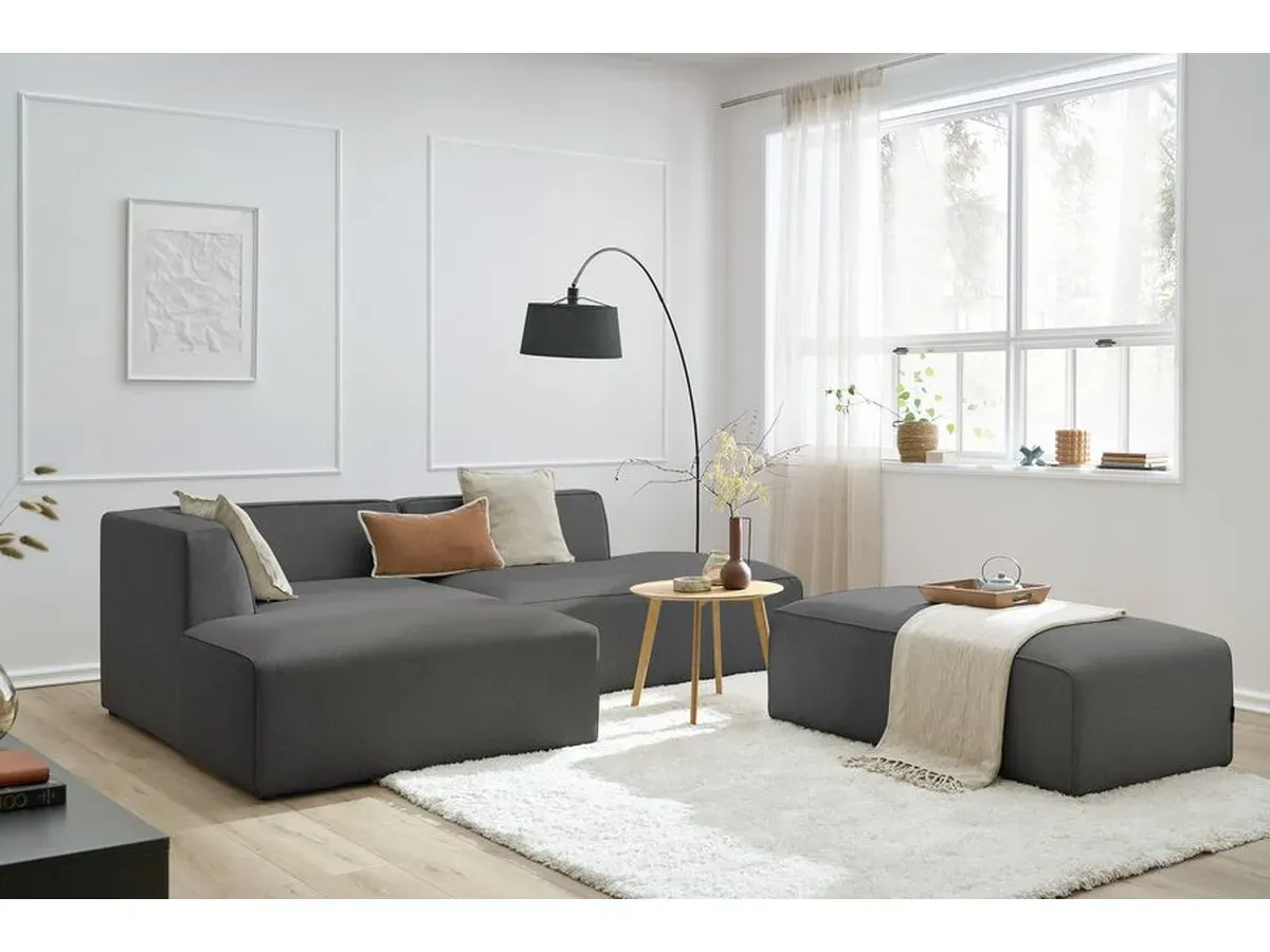 Canapé d'angle fixe modulable MEGEVE tissu chiné avec pouf gris foncé  angle gauche BOBOCHIC 5 places