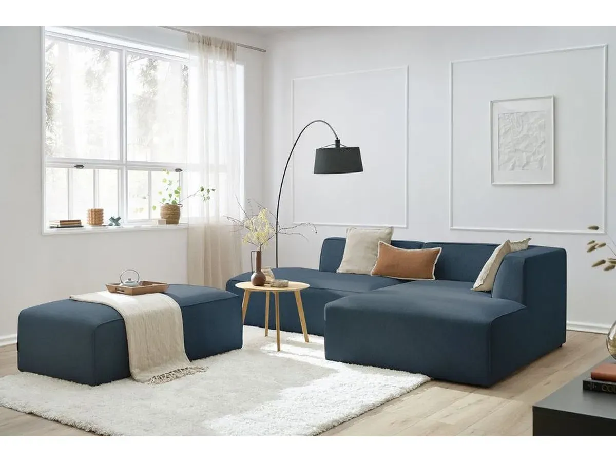 Canapé d'angle fixe modulable MEGEVE tissu chiné avec pouf bleu foncé  angle droit BOBOCHIC 5 places