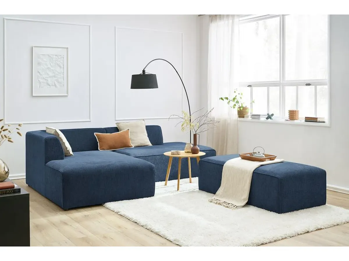 Canapé d'angle fixe modulable MEGEVE tissu texturé avec pouf bleu foncé  angle gauche BOBOCHIC 5 places
