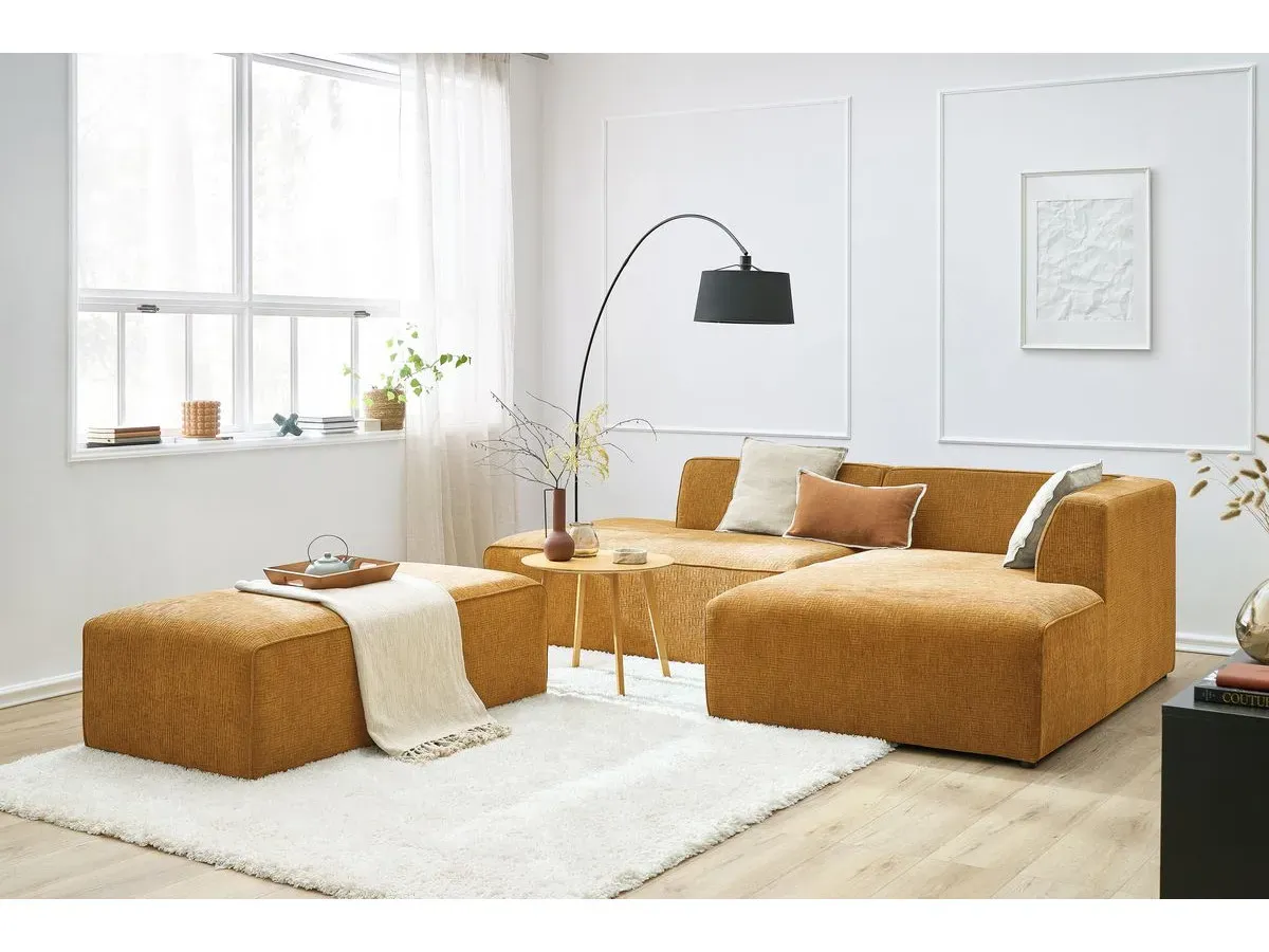 Canapé d'angle fixe modulable MEGEVE tissu texturé avec pouf jaune  angle droit BOBOCHIC 5 places