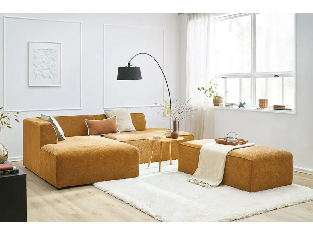 Canapé d'angle fixe modulable MEGEVE tissu texturé avec pouf jaune  angle gauche BOBOCHIC 5 places