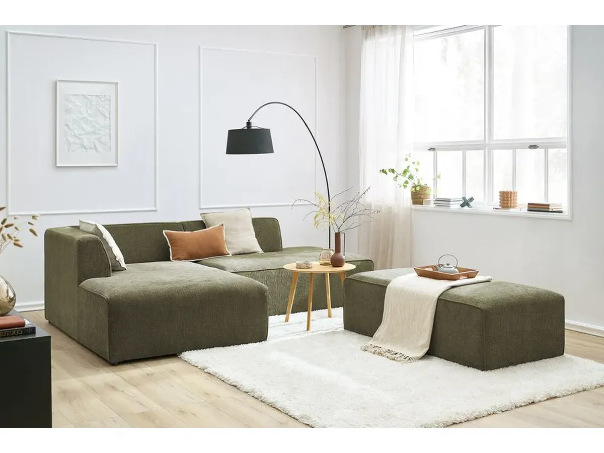 Canapé d'angle fixe modulable MEGEVE tissu texturé avec pouf vert  angle gauche BOBOCHIC 5 places