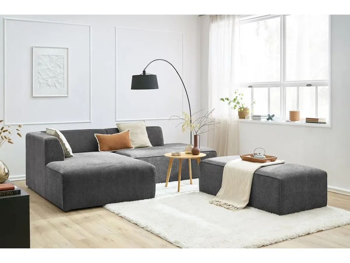 Canapé d'angle fixe modulable MEGEVE tissu texturé avec pouf gris foncé  angle gauche BOBOCHIC 5 places