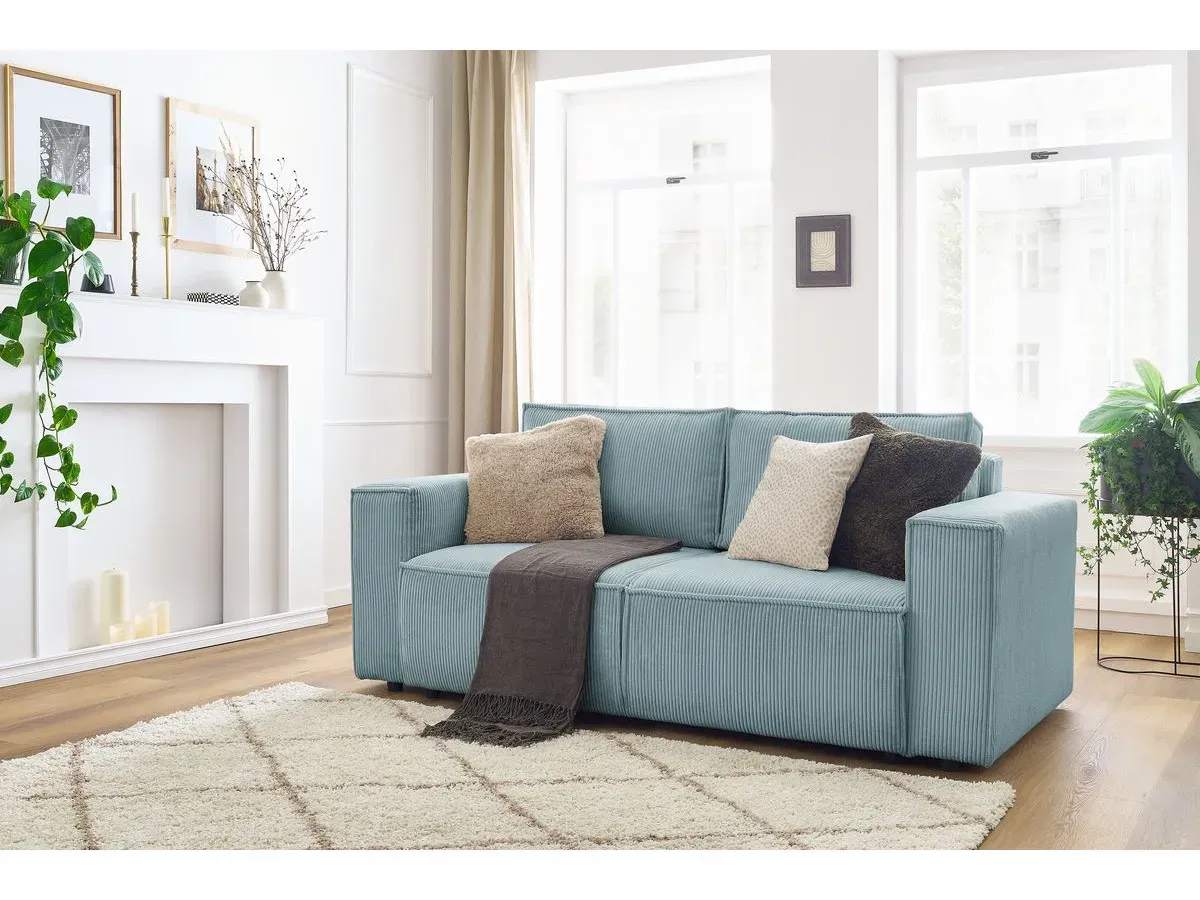 Canapé droit fixe 2 places NIHAD velours côtelé bleu clair   BOBOCHIC