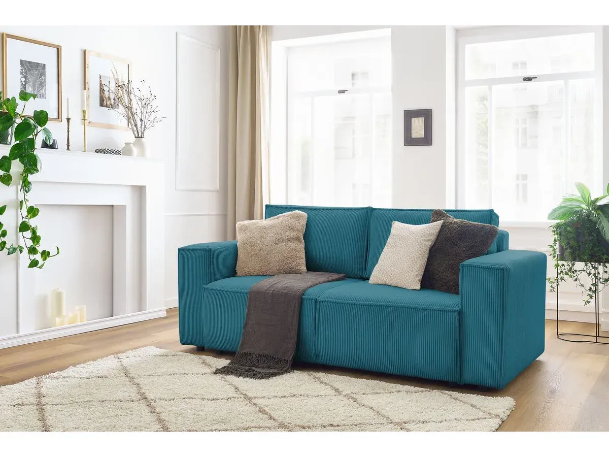 Canapé droit fixe 2 places NIHAD velours côtelé bleu foncé   BOBOCHIC