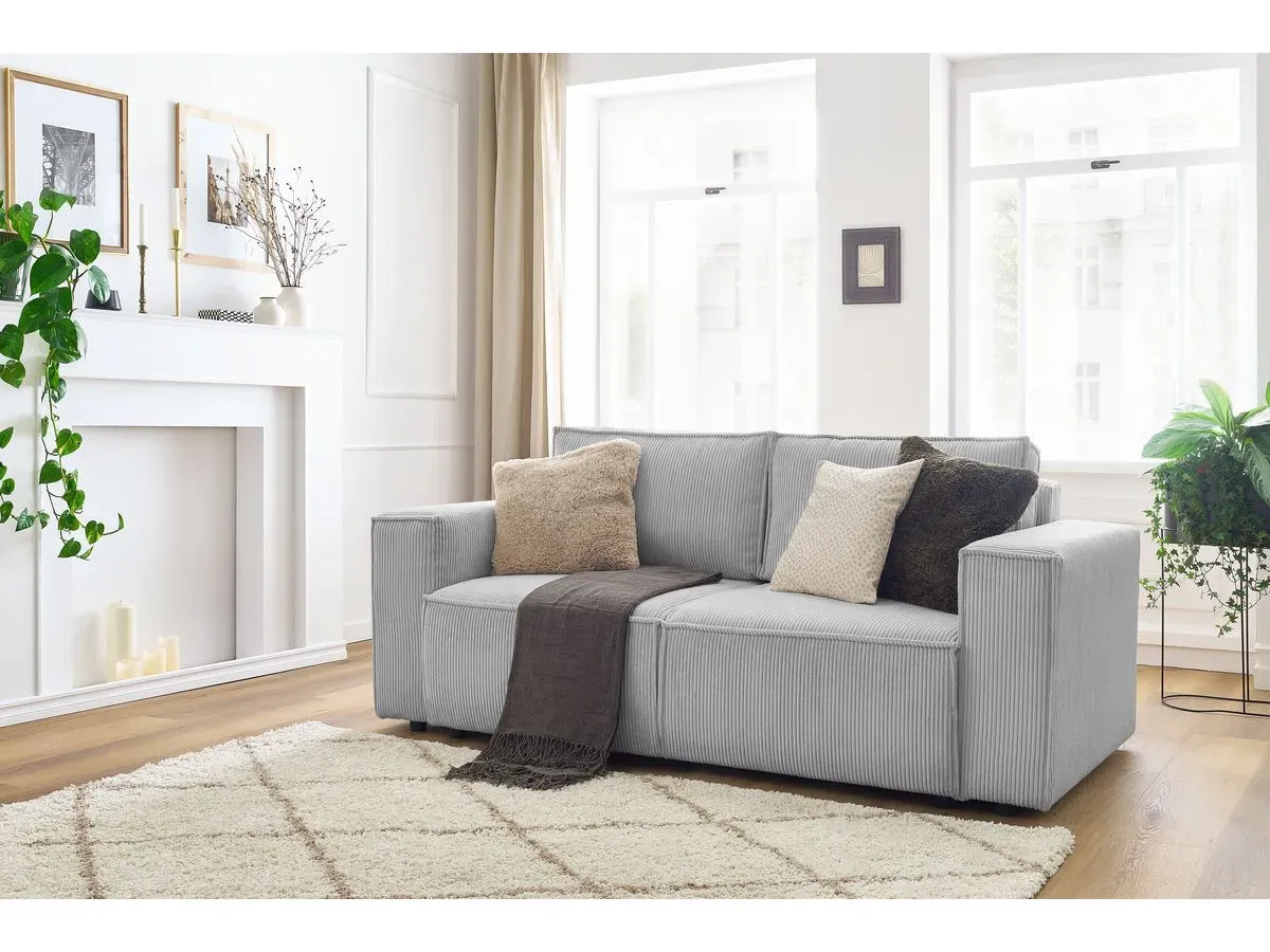 Canapé droit fixe 2 places NIHAD velours côtelé gris clair   BOBOCHIC