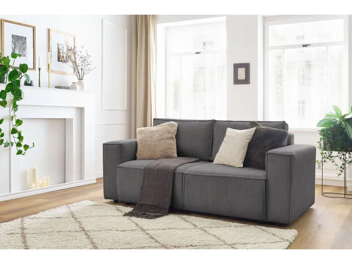 Canapé droit fixe 2 places NIHAD velours côtelé gris foncé   BOBOCHIC