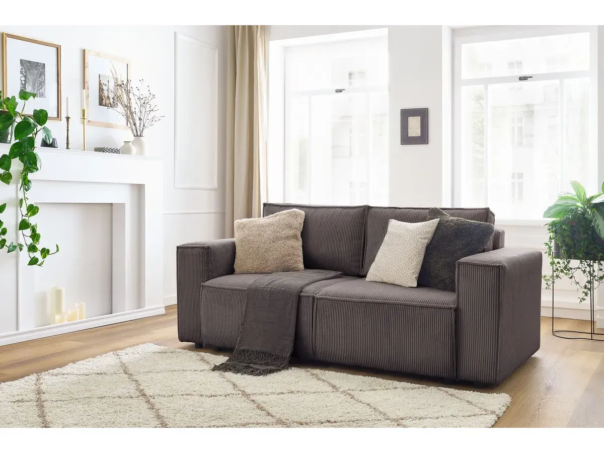 Canapé droit fixe 2 places NIHAD velours côtelé taupe   BOBOCHIC