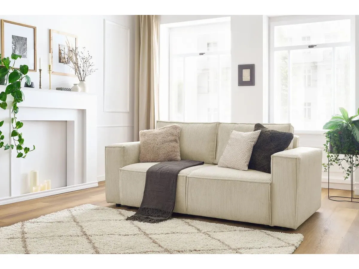 Canapé droit fixe 2 places NIHAD velours côtelé beige   BOBOCHIC