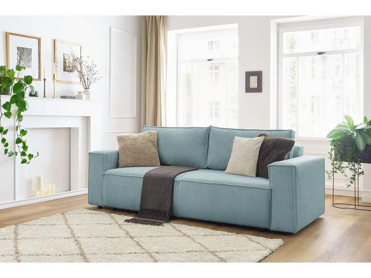 Canapé droit fixe 3 places NIHAD velours côtelé bleu clair   BOBOCHIC