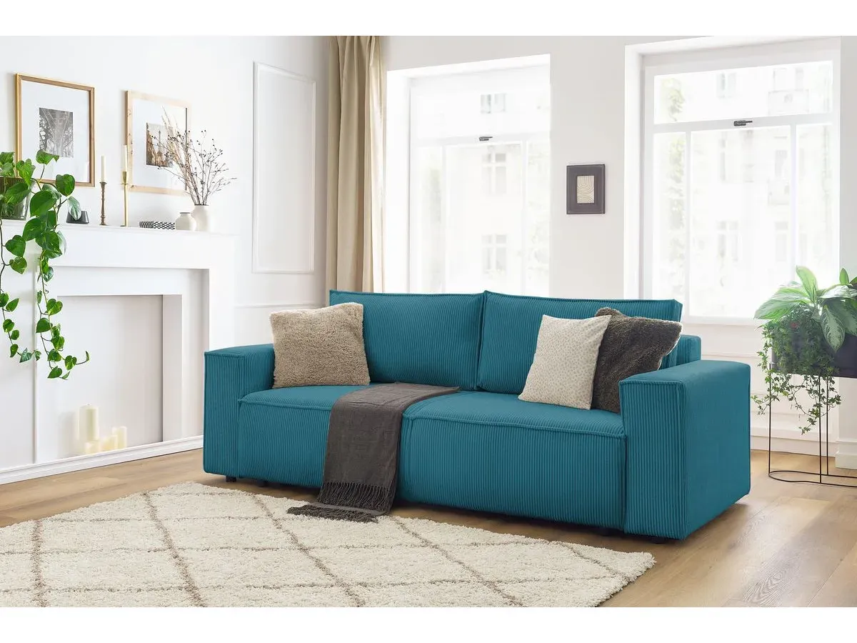 Canapé droit fixe 3 places NIHAD velours côtelé bleu foncé   BOBOCHIC