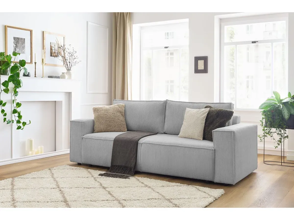 Canapé droit fixe 3 places NIHAD velours côtelé gris clair   BOBOCHIC