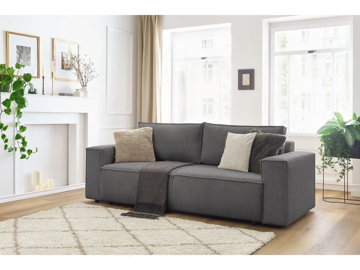 Canapé droit fixe 3 places NIHAD velours côtelé gris foncé   BOBOCHIC