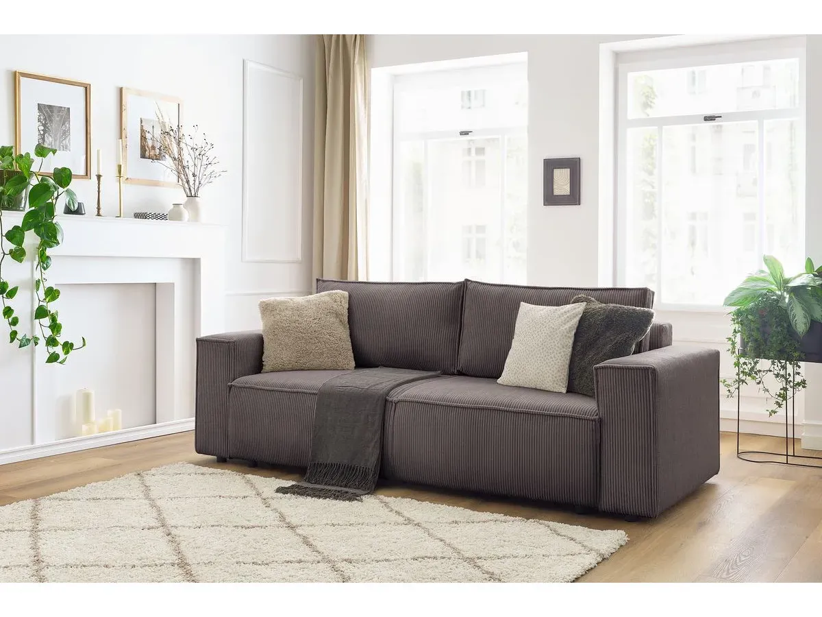 Canapé droit fixe 3 places NIHAD velours côtelé taupe   BOBOCHIC