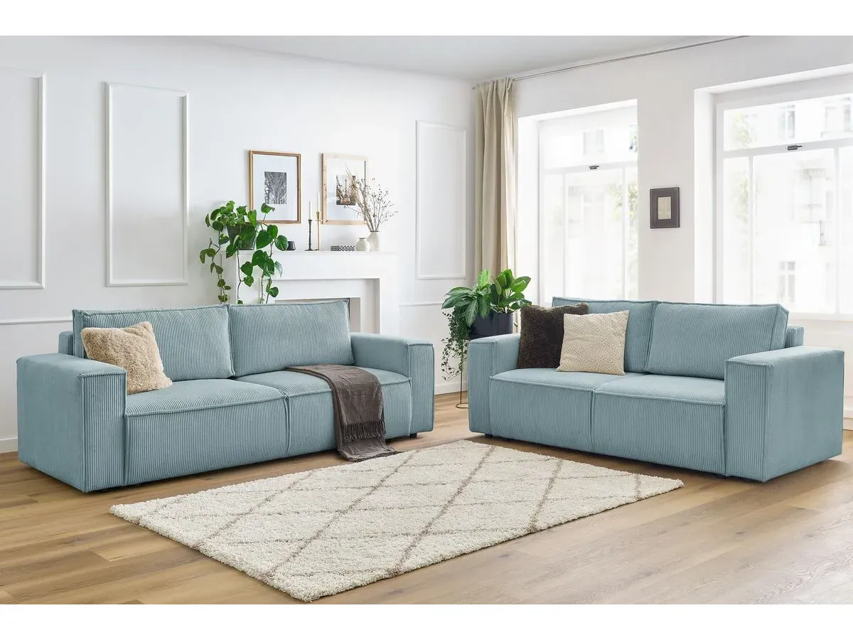 Ensemble canapé droit fixe 3 + 2 places NIHAD velours côtelé bleu clair   BOBOCHIC