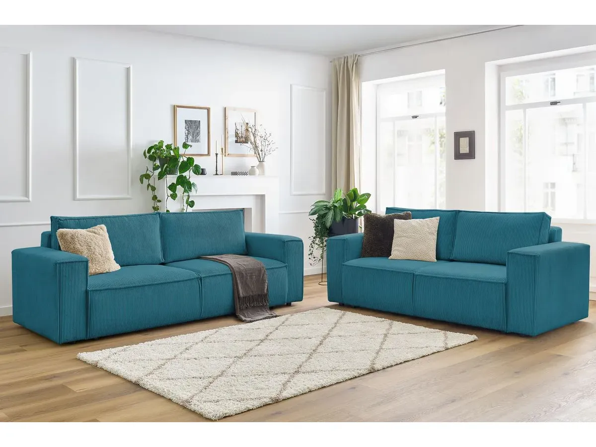 Ensemble canapé droit fixe 3 + 2 places NIHAD velours côtelé bleu foncé   BOBOCHIC