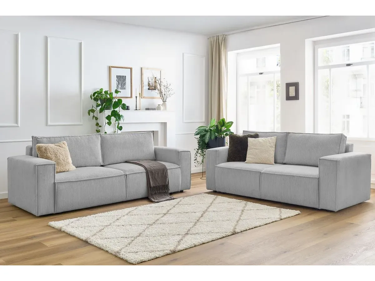Ensemble canapé droit fixe 3 + 2 places NIHAD velours côtelé gris clair   BOBOCHIC
